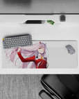 32x12 inches mouse pad with Zero Two from Darling in the Franxx, showcasing her fierce personality and motion with her wind-blown pink hair.