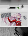 32x16 inches mouse pad with Zero Two from Darling in the Franxx, showcasing her confident pose and flowing pink hair in a dynamic design.