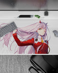 40x20 inches desk pad with Zero Two from Darling in the Franxx, capturing her fierce personality as her pink hair flows freely in the wind.