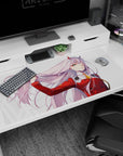 Large 40x20 inches desk pad featuring Zero Two from Darling in the Franxx, showcasing her confident stance and flowing pink hair.