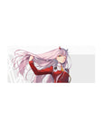 Mouse pad featuring Zero Two from Darling in the Franxx, 28x12 inches, with her flowing pink hair and confident pose, capturing her fierce personality.