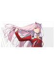 Mouse pad featuring Zero Two from Darling in the Franxx, 32x16 inches, capturing her fierce personality with her pink hair blowing in the wind.