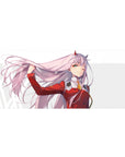 Desk pad featuring Zero Two from Darling in the Franxx, 36x16 inches, with her hair blowing in the wind, embodying confidence and motion.