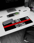 Artistic 32x12 inches mouse pad with Spike, Faye, Jet, and Ed in a bold black, gray, and red grunge design for style.