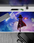 Megumin anime desk pad 40x20 inches, featuring her silhouette and glowing staff against a dreamy, comet-streaked sky.