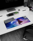 Megumin anime mouse pad, 28x12 inches, features her silhouette with glowing staff against a dramatic, dreamy sky with comets.