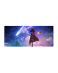 Megumin anime mouse pad, 28x12 inches, featuring a dramatic sky with comets and her glowing staff, enhancing any desk.