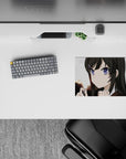 Cozy-focus anime mouse pad 14x10 inches in soft dusk light, purple eyes, and warm sunset gradients.