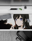Cozy dusk gradient anime desk pad 36x16 inches in warm sunset tones with bold tree silhouettes.