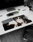 32x16 inches mouse pad showing an anime girl with purple eyes in soft dusk light against dark trees.