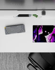 Violet-and-black anime mouse pad 14x10 inches, dark fantasy vibe with purple haze and spark specks.