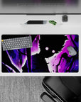 32x16 inches dark fantasy anime desk mat in violet storm tones with neon moon eyes and spark-speck mist.