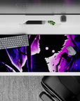 Violet storm anime desk pad 36x16 inches with purple haze, spark specks, and supernatural midnight mood.