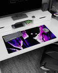32x16 inches anime mouse pad showing a wild-haired silhouette in loose shirt, twin-glow eyes in a purple storm.