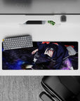 32x12 inches anime mouse pad in deep black and crimson clouds, moody late-night vibe with purple aura.