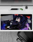 32x16 inches anime mouse pad in deep blacks and red cloud trims, dark sleek vibe with purple storm accents.