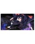 32x16 inches anime mouse pad with Akatsuki cloak stance, crimson clouds, and purple energy swirl design.