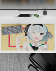 Cute 32x16 inches anime desk mouse pad in lemon yellow and hot pink, sweet cozy crush vibe with hearts.