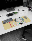 32x12 inches anime mouse pad featuring blue-haired girl winking, big violet eye, making a heart gesture.