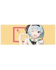 32x12 inches anime girl mouse pad with blue-haired winking girl, hand-heart, pink frame, floating hearts.