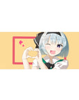 Anime girl desk pad 36x16 inches with blue-haired wink, hand-heart pose, pink border and hearts.