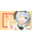 Anime girl desk pad 40x20 inches with blue-haired wink, hand-heart pose, pink frame and hearts.