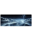 Midnight sky planet desk mouse pad 32x12 inches with icy cloud waves and silver haze.