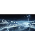 Midnight sky desk pad 36x16 inches with icy cloud swirls, silver haze, and a distant planet.