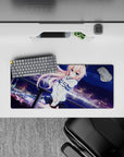 28x12 inches anime girl mouse pad in deep navy and violet night tones with dreamy gradients and cozy vibe.