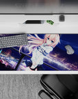 Dreamy midnight anime desk pad 36x16 inches in navy, violet, and neon city lights with soft gradients.