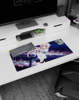 28x12 inches anime girl mouse pad showing shy peach-haired girl by city lights and a glowing ferris wheel.