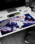40x20 inches desk pad showing a shy peach-haired anime girl by city lights and a cute glowing ferris wheel.