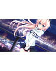40x20 inches anime girl desk pad with peach hair, blue eyes, and a glowing city night skyline backdrop.