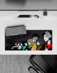 Dark charcoal anime mouse pad 28x12 inches with black silhouettes and teal, lime, blue, orange pops.