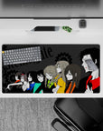 32x16 inches anime mouse pad in deep charcoal with teal, blue, lime, and orange accents, electric mood.
