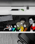 Charcoal Steins;Gate desk pad 36x16 inches with teal, blue, lime accents and warm orange coats, electric mood.