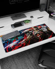 Ainz Ooal Gown anime desk pad 36x16 inches; dark fantasy scene with storm dragons, eerie blues, and crimson slashes.