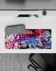 Neon magenta and icy blue holographic vibe anime mouse pad 28x12 inches for gaming desk setup.