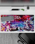 32x16 inches anime mouse pad in neon magenta clouds and icy blues, vivid holographic vibe for gaming desks.
