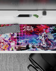 Anime desk pad 36x16 inches in magenta clouds and icy blues, loud neon vibe with crisp glowing accents.