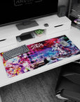Shiro and Sora scene anime desk pad 36x16 inches with glowing rings and sharp geometric backdrop.