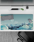 Cool blue and pale teal calming mouse pad 32x16 inches with soft mist layers and icy white accents.