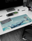 Twin moons over icy peaks desk pad 36x16 inches with soft mist layers and cloud-top mountain scenery.