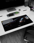 Two spaceships flying through a dark starfield mouse pad 32x16 inches with blue engines and haze.
