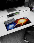 Galaxy scene mouse pad, 28x12 inches, featuring blue nebula left and orange starburst with glowing core right.