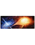 Cosmic clash galaxy and starburst desk mouse pad, extended 32x12 inches.