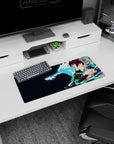 Demon Slayer mouse pad 28x12 inches featuring Tanjiro with water dragon, crisp lines, bold contrast on navy backdrop.