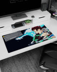 Tanjiro from Demon Slayer anime on a 32x16 inch mouse pad, featuring vibrant water dragon art and signature checkered haori.
