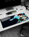 Tanjiro charging with water dragon, Demon Slayer anime desk pad, 36x16 inches, vibrant colors enhance desk energy.