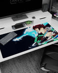 Tanjiro from Demon Slayer on 40x20 inch anime desk pad, featuring vibrant water dragon, checkered haori, and dynamic energy.